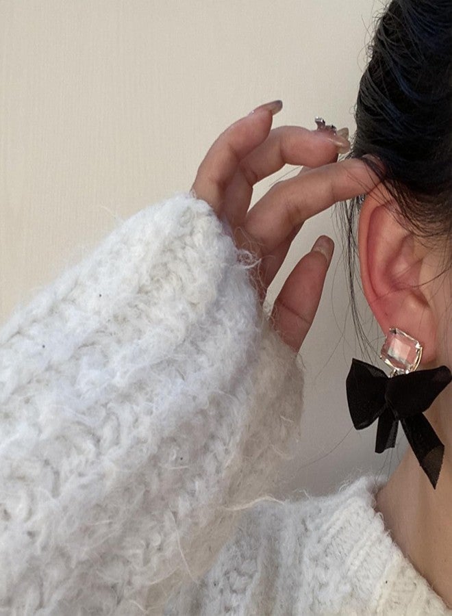 Aktully Crystal Bow Earrings for Women Black Ribbon Bowknot Stud Earrings Square Clear Rhinestone Earrings Tiny Bow Tie Ribbon Dangle Earrings Christmas Birthday Trendy Jewelry for Women (Black) - Image 3